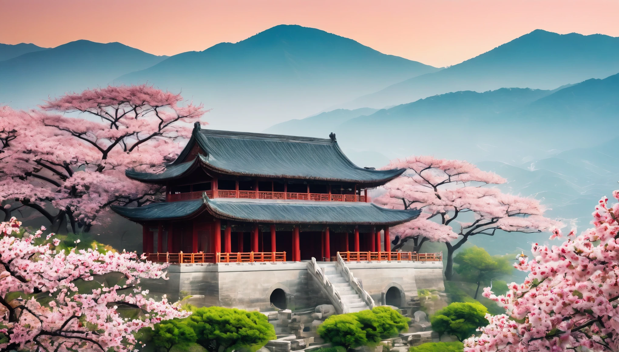 /I Tang Dynasty Buildings,Peach blossoms in full bloom,Chinese style fantasy,Light and shadow,High-resolution details,Ultra-high resolution,colorful,The shade is mottled,Peaceful and tranquil,Epic,Symmetrical composition,Natural light,Telephoto lens,Fine texture,Warm tones,Peaceful atmosphere,Magnificent。