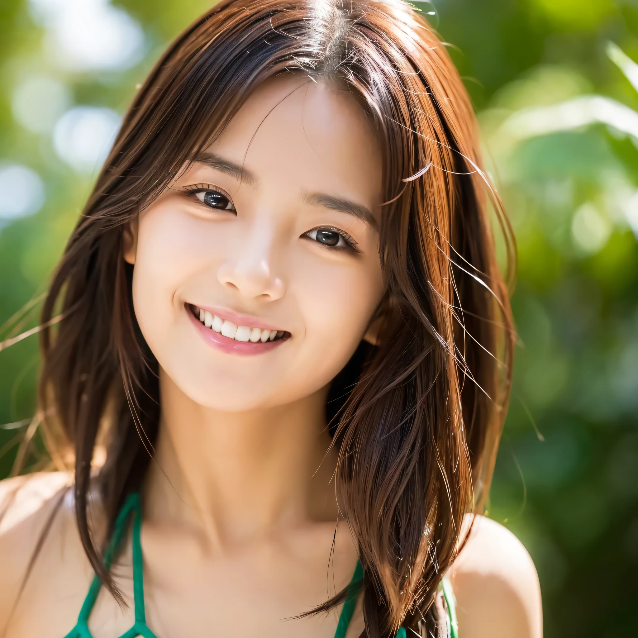 ((最high quality, 8k, masterpiece: 1.3)), (close:0.75), Realistic, Sharp focus, high quality, High resolution, Japanese,Woman with a 30-inch bust、26 year old idol face、Thin type、 (Wearing a triangle bikini), ((Very strong sunlight)), smile, Gold Mesh Long Hair,ホテルのバルコニーでカメラに向かいsmileのアップ、Image of cleavage emphasized by bending forward、