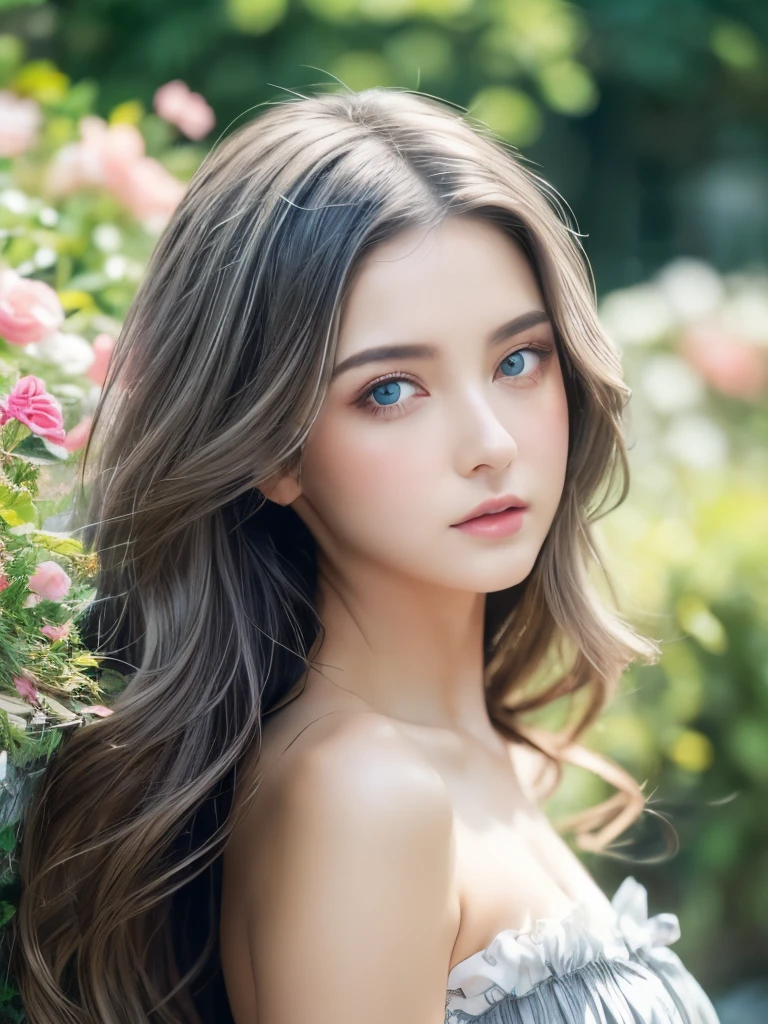 (Girl: 1.5), race, ribbon, Summer Trend Fashion, (masterpiece, Side light, delicate and beautiful gray eyes: 1.2), masterpiece, Realistic, Glowing Eyes, Shiny Hair, Black Hair, Long Hair, Glowing Skin, Soft skin texture, alone, awkward, Strapless, delicate, beautiful, garden, Flowers, Fluttering petals,