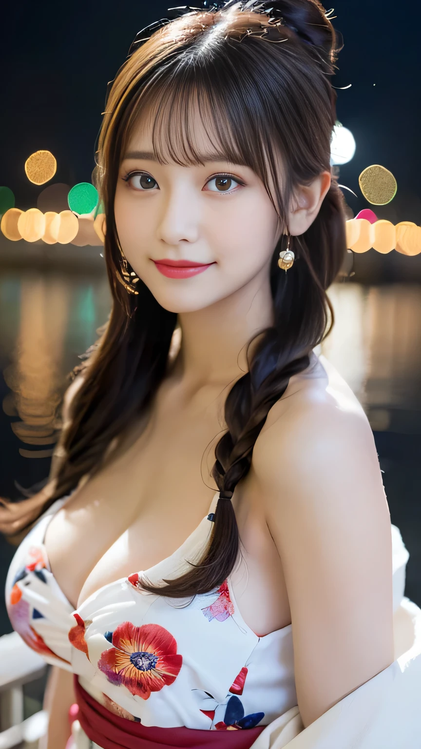 (Beautiful mature adult woman),(Flower Hair Ornaments,Floral braided top knot,Twisted Side Part Ponytail,Floral knit headband,Half Up、Floral braided space buns,Voluminous fishtail braid,Twisted pan,),(The bangs are see-through),Very delicate and beautiful hair,(((Accentuate your breasts:1.3))),(Dynamic Angle),(Dynamic and sexy pose),Laughter、Looking back wearing a floral yukata isolated on white background、At night, Fireworks are launched against the backdrop of the riverbank...、Cute round face,,(Tabletop,Highest quality,Ultra-high resolution output images,) ,(8K quality,),(SeaArt 2 Mode.1),(Picture Mode Ultra HD,)