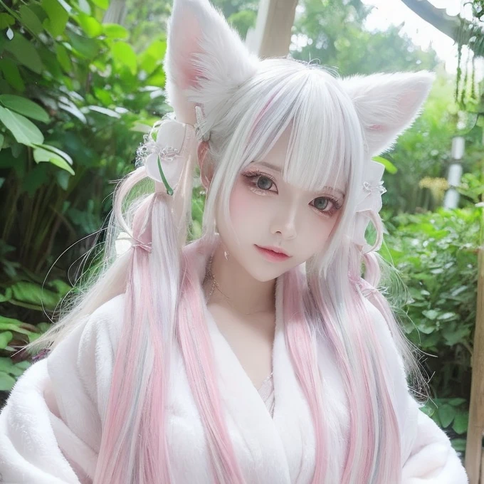 silver light hair，It has white fox ears and a fox tail，pupil，Wear pink and white kimono forest creek background