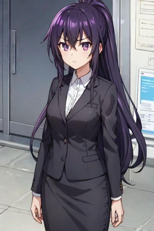 1girl, tohka yatogami, suit, office lady, black skirt, black blazer, pencil skirt, white shirt, collared shirt, long hair, teenager, looking at viewer, full body, 