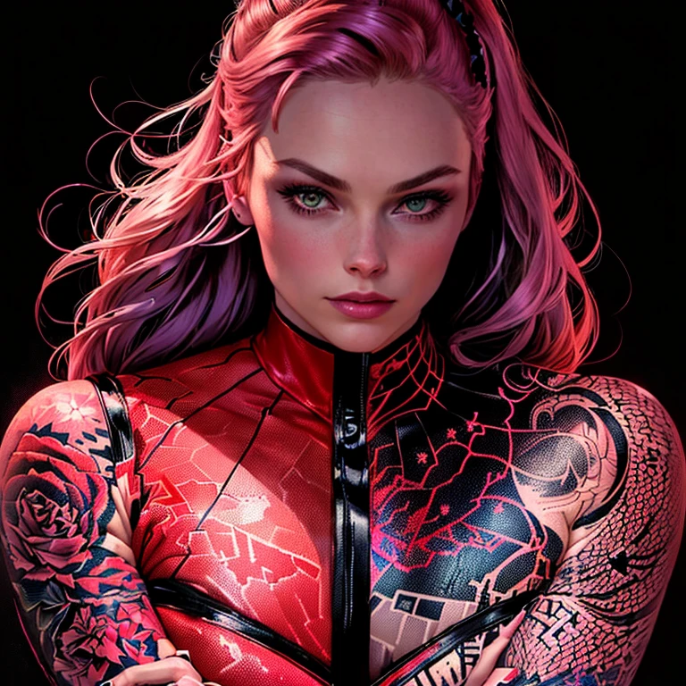close-up of a man with tattoos on his arms, Martin then, Erin Moriarty as Scarlet Witch, Martin then artwork portrait, Betty Cooper, by Galen Dara, neon operator Margot Robbie, Matt Stewart, red ink, zombie, inspired by Bill Sienkiewicz, by Gavin Nolan, cover, cover комикса, Jesse Richards