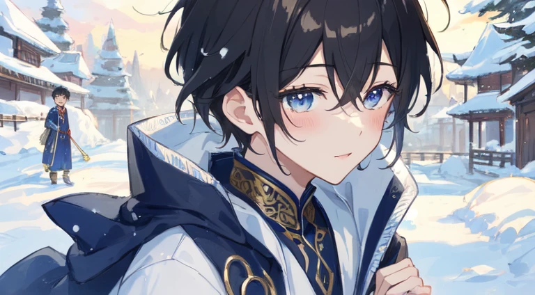 (very handsome :1.2), 8K, (masterpiece:1.0), (the best_quality:1.0), Intricate details, Enlarged texture, 和Intricate details, Delicate eyes and delicate face, Seductive and captivating, Bright Light, Flowing ancient costumes, Clear facial expressions, Beautiful character painting, Chinese painting style, A beautiful fantasy art illustration，Before the ice and snow melt，Before the New Year，In the courtyard of a Chinese-style palace,10-year-old boy，Male small children，Young male children，Playing in the snow alone in the courtyard.，1 unique person，Close-up，Men's short hair