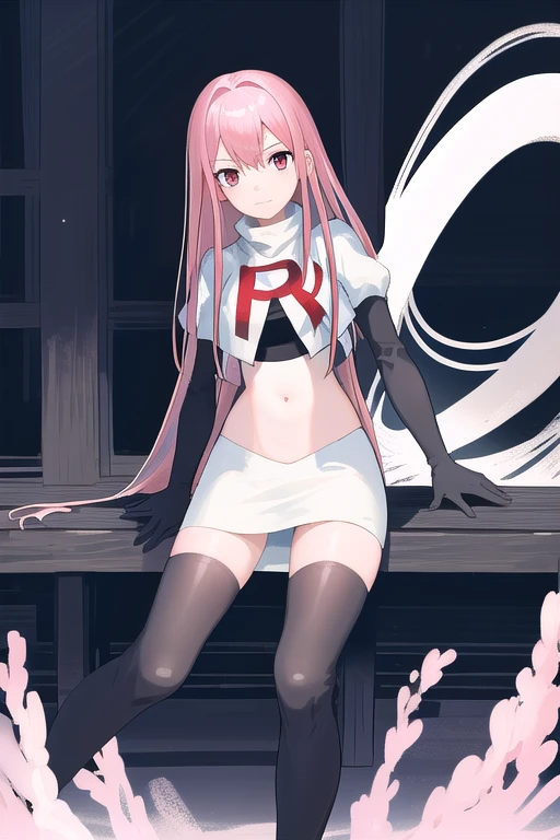 Masterpiece, Detailed, High quality, (absurdist), High Sharpness, High resolution, maiddoll, 1girls, Solo, pink hair, cracked skin,team rocket,team rocket uniform,white skirt,red letter R,crop top,black thigh-highs,black elbow gloves