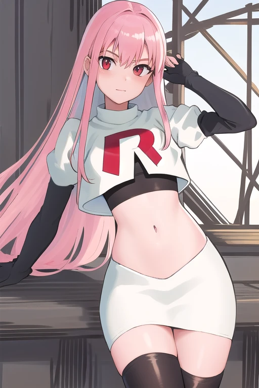 Masterpiece, Detailed, High quality, (absurdist), High Sharpness, High resolution, maiddoll, 1girls, Solo, pink hair, cracked skin,team rocket,team rocket uniform,white skirt,red letter R,crop top,black thigh-highs,black elbow gloves