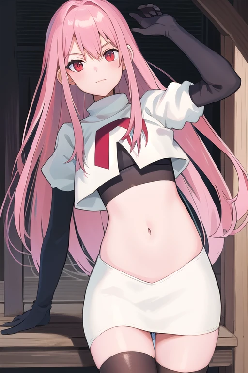 Masterpiece, Detailed, High quality, (absurdist), High Sharpness, High resolution, maiddoll, 1girls, Solo, pink hair, cracked skin,team rocket,team rocket uniform,white skirt,red letter R,crop top,black thigh-highs,black elbow gloves