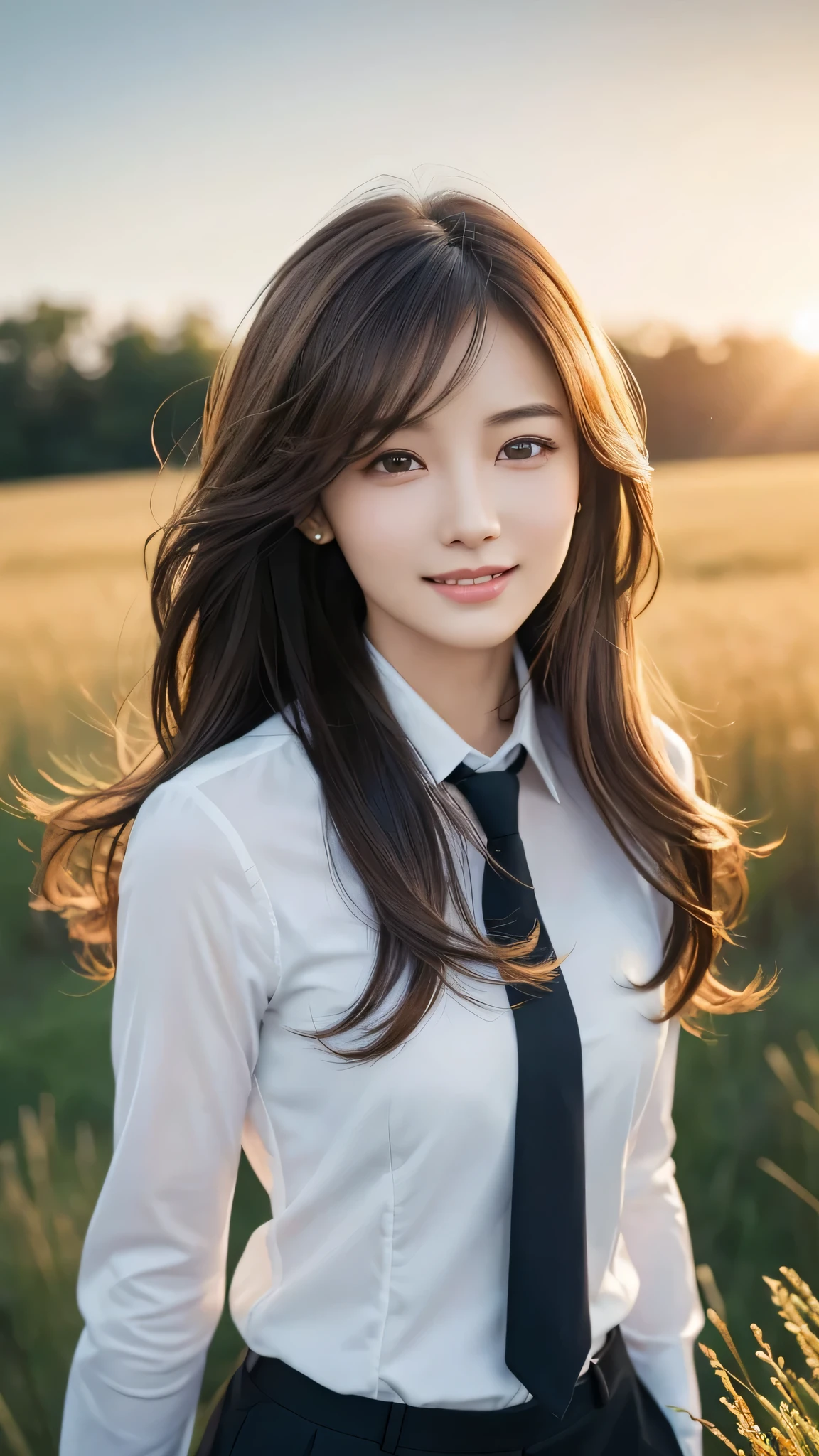 highest quality、genuine、Super detailed、finely、High resolution、8k wallpaper、one beautiful woman、、、light brown disheveled hair、wearing a business suit、sharp focus、perfect dynamic composition、beautiful and detailed eyes、thin hair、Detailed genuine skin texture、smile、model body shape、In a windswept meadow