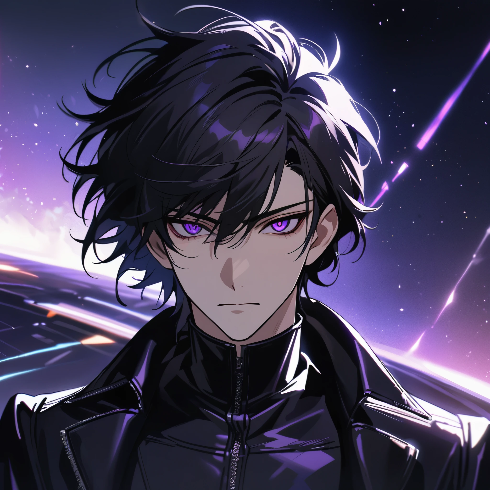 High quality, HD, 4k, no shadows, handsome male, handsome, extremly handsome, 1male, 1 male, teenager, pure black hair, short black hair, dark hair, black hair, jet black hair, sharp eyes, deep purple colored eyes, dark purple colored eyes, deep violet eyes, violet eyes, devil may cry, close up, calm expression, stoic expression, black leather clothes, black leather clothing, leather clothing, lean body, well trained body, upper body, looking at viewer, cowboy shot, white solar, space background