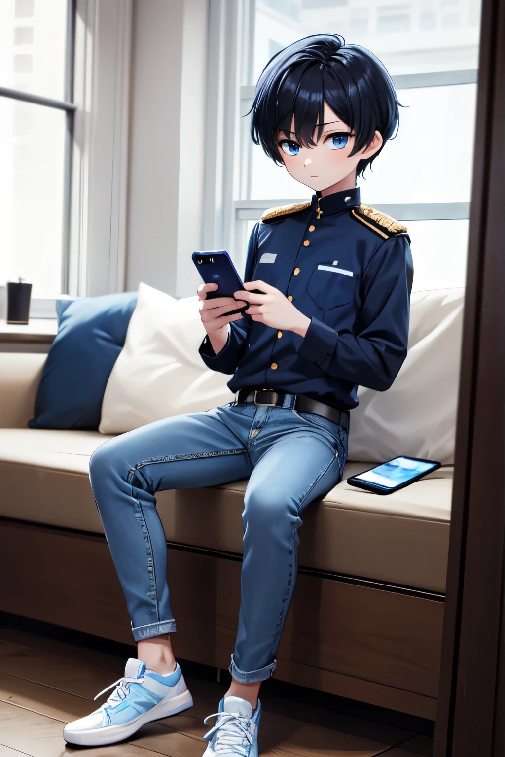 1boy, one boy, blue iris, skinny man, black hair, black and blue hair, a blue strand hair dye on the front left, 1.8m tall, 20 years old, blue uniform, elegant jeans, black sneakers. white skin, using a phone. looking at phone in his hands.