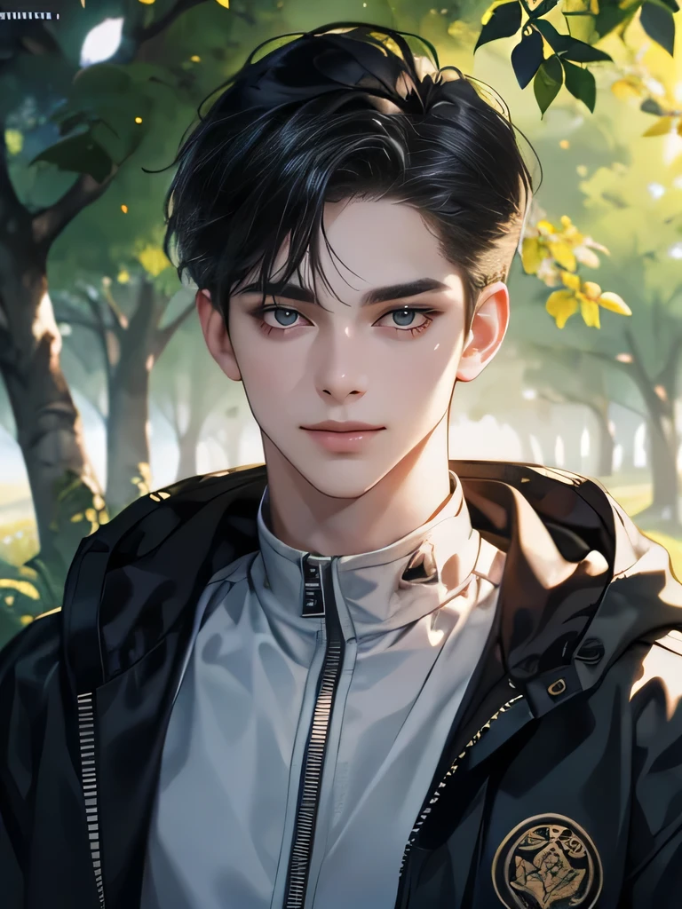 (tmasterpiece, high resolution, ultra - detailed:1.0), (1 boy, young male), eyes looking at camera, perfect male body, delicate eyes and delicate face, extremely detailed CG, 8k wallpaper, complicated details, solo person, detailed face,( jacket, hoodie, windbreaker, smile), outdoor, tree and flower, virgin forest, color difference, depth of field, dramatic shadow, ray tracing, best quality, cinematic lighting, offcial art, portrait