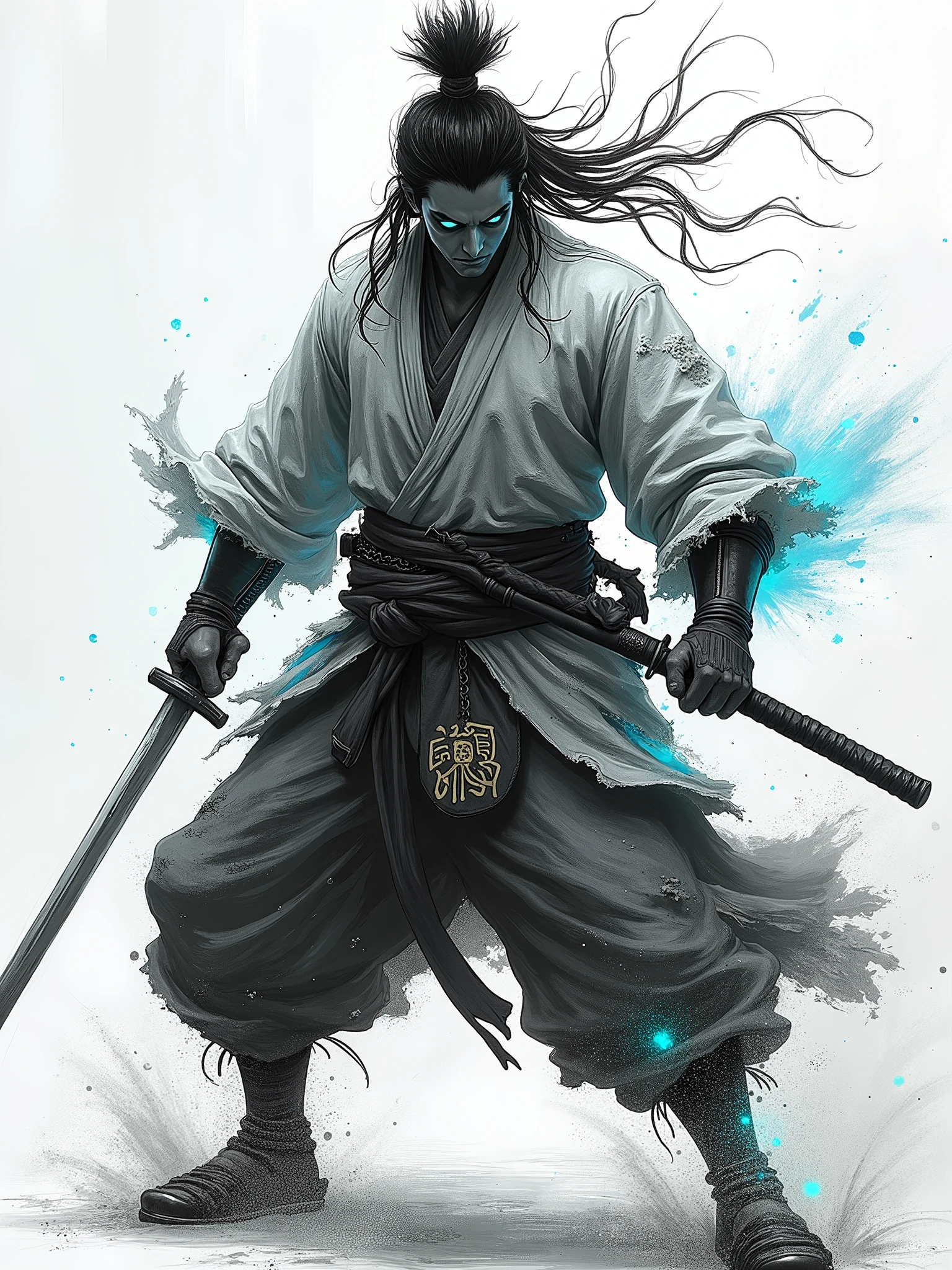 Illustre moi un samourai, en guerrier de rue. Position de combat dynamique. Effet de vitesse. Éclairs de lumière autour de lui. Vêtements déchirés. Yeux turquoise. Insigne d’un clan. Katana dans la main. Dessin en noir et blanc. Concept art. Crayon HB. Profondeur de champ. Dynamique.