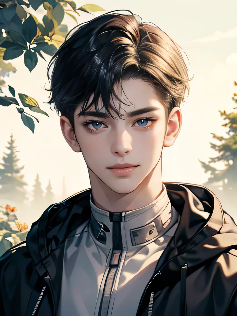 (tmasterpiece, high resolution, ultra - detailed:1.0), (1 boy, young male), eyes looking at camera, perfect male body, delicate eyes and delicate face, extremely detailed CG, 8k wallpaper, complicated details, solo person, detailed face,( jacket, hoodie, windbreaker, smile), outdoor, tree and flower, virgin forest, color difference, depth of field, dramatic shadow, ray tracing, best quality, cinematic lighting, offcial art, portrait