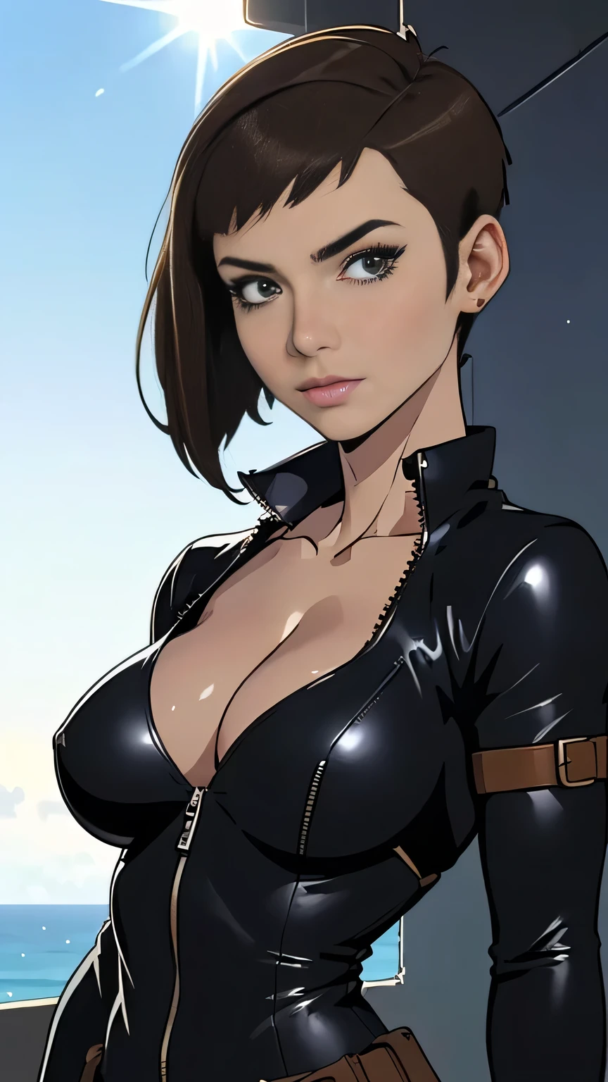 photo of mlp Meowko, RAW, beautiful woman, ((portrait)), ((detailed face:1.2)), ((anime face, anime facial feature, clear skin, glossy anime lips, clear skin), (short lesbian haircut, brunette: 1.55), (perfect proportioned body, Strong, muscular, narrow waist, narrow hips, skinny, large breasts), (she is wearing a black leather one piece, black widow cosplay, utility belt, black leather fingerless gloves, unzipping suit, cleavage), aircraft carrier, military, ocean, (realistic photo, best quality, detailed), (8k wallpaper), (bright cinematic lighting, lens flares, beautiful light, (noon:1.3)) (sharp focus, intricate)