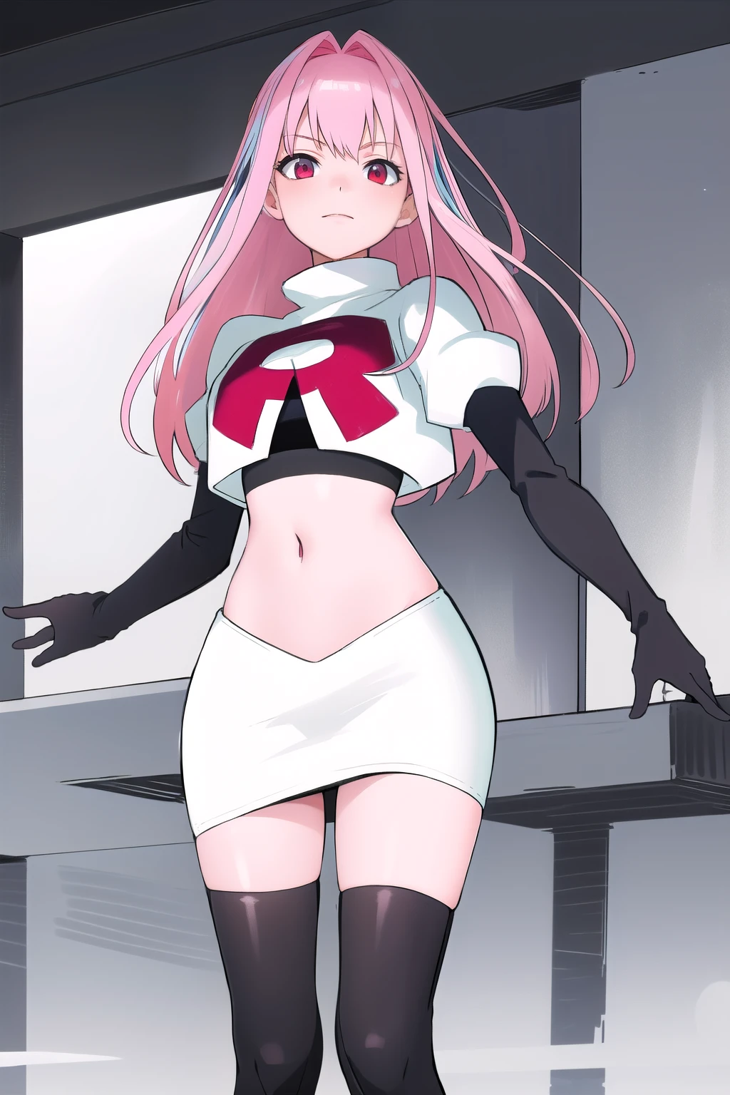 Masterpiece, Detailed, High quality, (absurdist), High Sharpness, High resolution, maiddoll, 1girls, Solo, pink hair, cracked skin,team rocket,team rocket uniform,white skirt,red letter R,crop top,black thigh-highs,black elbow gloves