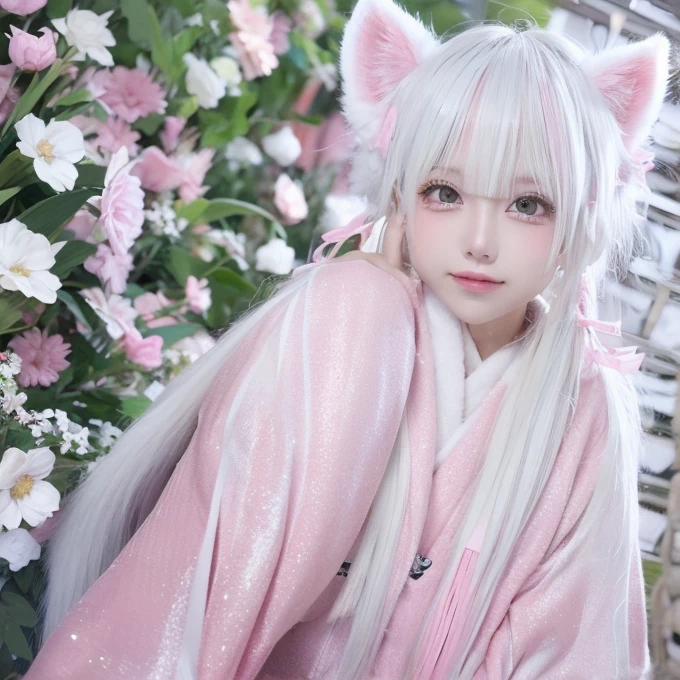 silver light hair,It has white fox ears and a fox tail,pupil,Wearing a pink and white kimono、Happy、sweet、Happy expression Forest of flowers background