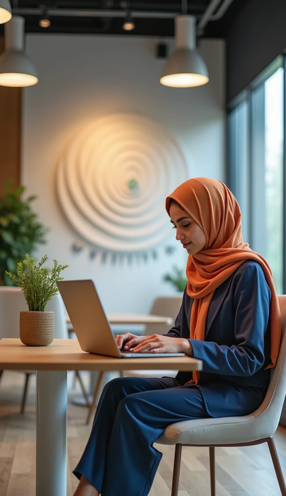 Generate a very beautiful hijabi girl and work ing laptop full image