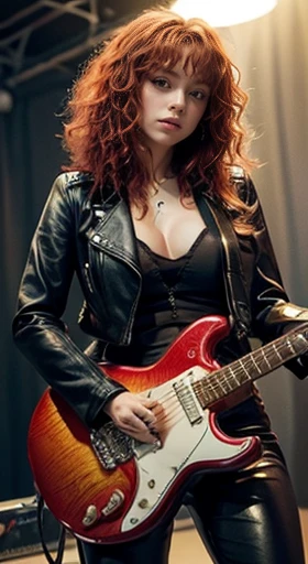Guitarrista sexy woman, red curly hair, leather pants, playing guitar