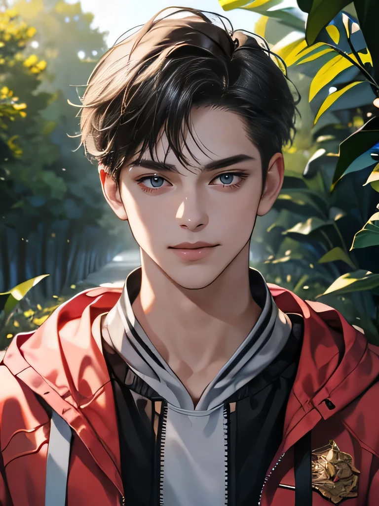 (tmasterpiece, high resolution, ultra - detailed:1.0), (1 boy, young male), eyes looking at camera, perfect male body, delicate eyes and delicate face, extremely detailed CG, 8k wallpaper, complicated details, solo person, detailed face,( jacket, hoodie, windbreaker, smile), outdoor, tree and flower, virgin forest, color difference, depth of field, dramatic shadow, ray tracing, best quality, cinematic lighting, offcial art, portrait