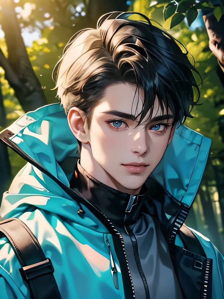 (tmasterpiece, high resolution, ultra - detailed:1.0), (1 boy, young male), eyes looking at camera, perfect male body, delicate eyes and delicate face, extremely detailed CG, 8k wallpaper, complicated details, solo person, detailed face,( jacket, hoodie, windbreaker, smile), outdoor, tree and flower, virgin forest, color difference, depth of field, dramatic shadow, ray tracing, best quality, cinematic lighting, offcial art, portrait