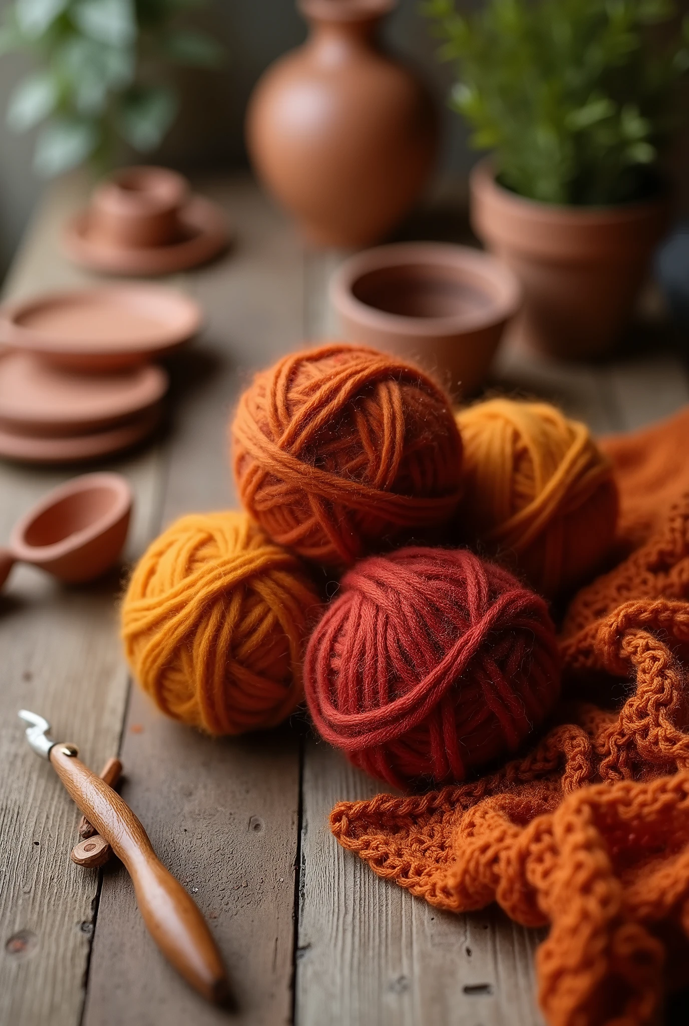 Realistic image of balls of wool in liquidambar colors, with a wooden crochet, on a wooden table, all set in a subtle boho style. With clay elements,