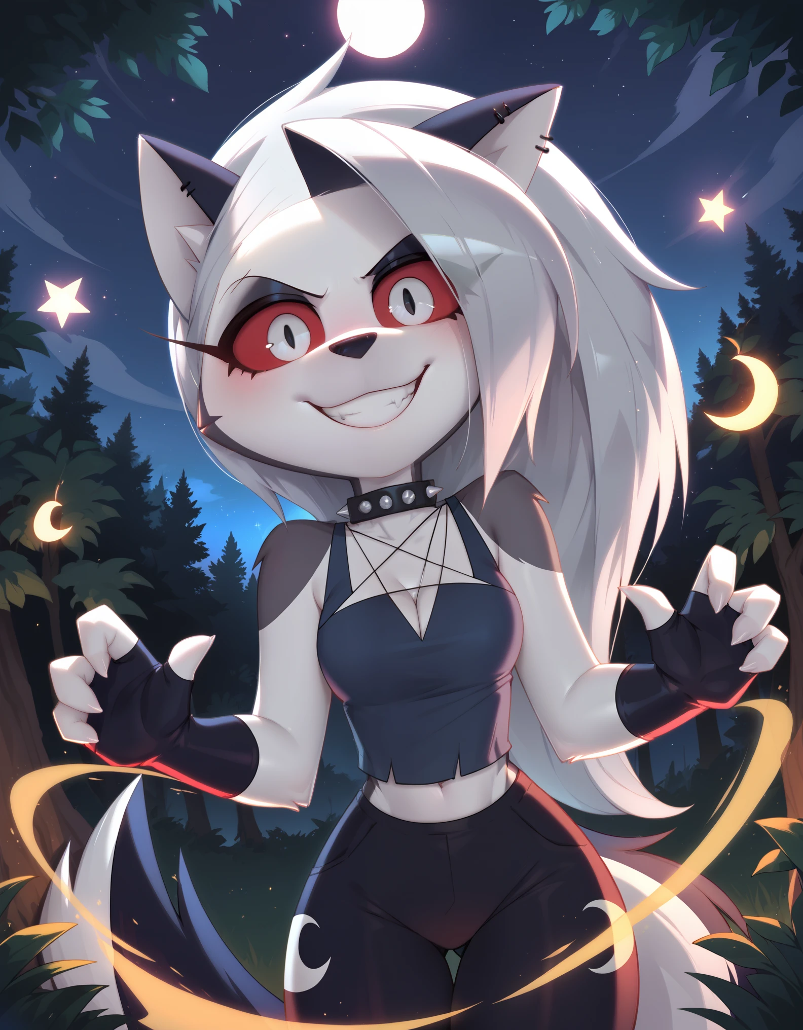 score_9_up, score_8_up, score_7_up, rating_safe, furry, anthro, solo, loona jizokumode, hellhound, red sclera, loona helluva boss, tanktop, fingerless gloves, excited, blep, forest, night, stars, crescent moon, solo, forced smile, 4 fingers, inverted pentagram,