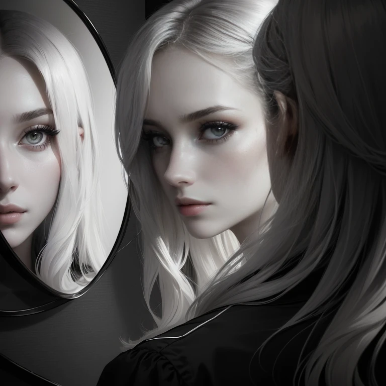 there is a woman, who is looking at her reflection in the mirror, close-up portrait still from a movie, Alexandra Valishevskaya, Eva Yushkevich, Emma Andievskaya, anna nikonova, black and white close-up profile face, From Anna Füssli, woman's face looking at camera, Film Portrait