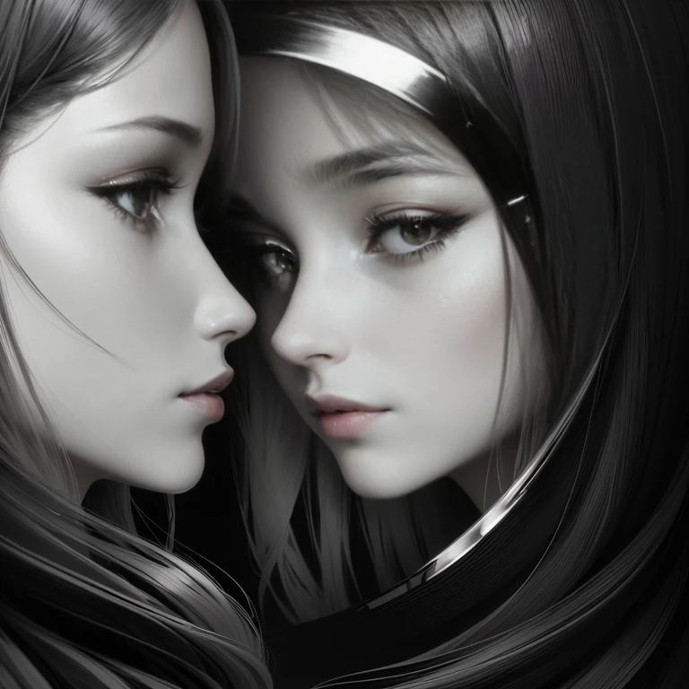 there is a woman, who is looking at her reflection in the mirror, close-up portrait still from a movie, Alexandra Valishevskaya, Eva Yushkevich, Emma Andievskaya, anna nikonova, black and white close-up profile face, From Anna Füssli, woman's face looking at camera, Film Portrait