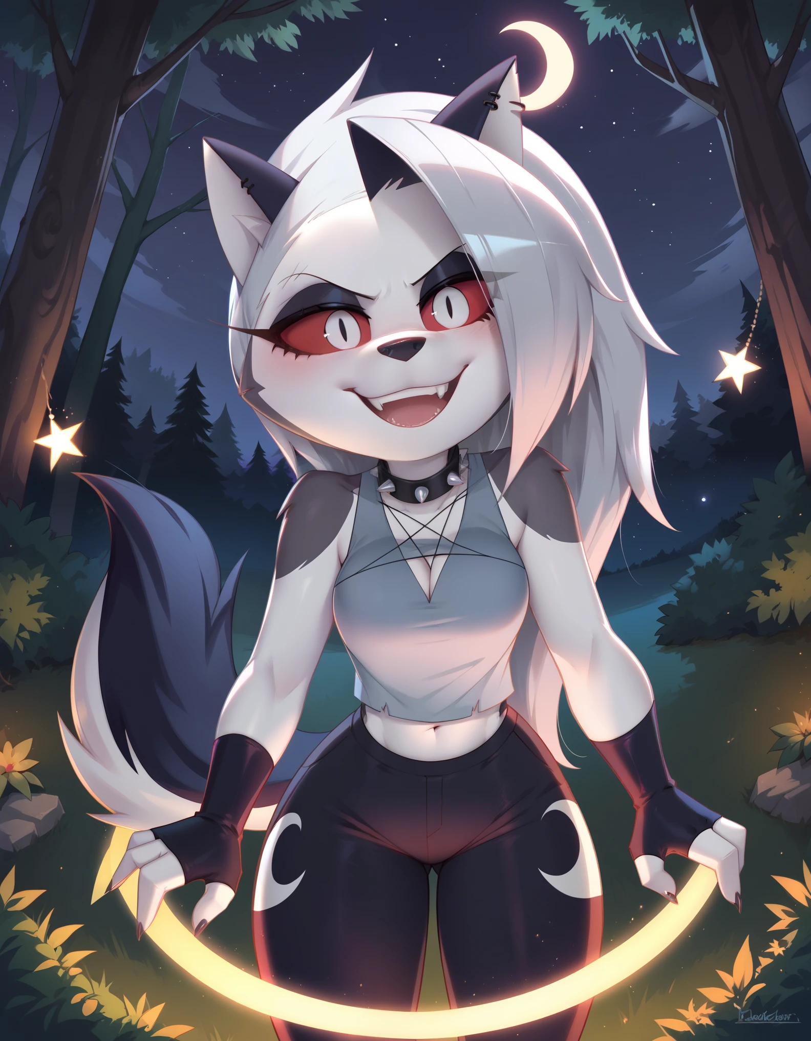 score_9_up, score_8_up, score_7_up, rating_safe, furry, anthro, solo, loona jizokumode, hellhound, red sclera, loona helluva boss, tanktop, fingerless gloves, excited, blep, forest, night, stars, crescent moon, solo, forced smile, 4 fingers, inverted pentagram,