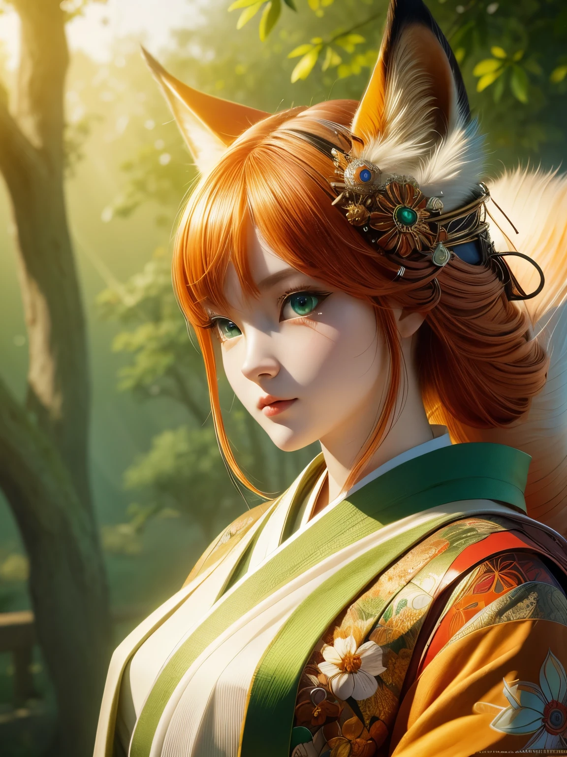 (high quality), (masterpiece), (detailed), 8K, Hyper-realistic portrait of (Japanese kitsune1.3) girl, adorned in traditional (fox-inspired attire1.2), showcases intricate (kimono patterns1.2) and delicate (obi sash1.2). Her (vibrant orange hair1.2) flows down her back, complemented by (piercing green eyes1.2) that seem to gleam with mischief. Soft, (ethereal lighting1.2) highlights the subtle (facial features1.2) of this mystical creature, inviting the viewer to step into her enchanting world. In style of Takashi Murakami, trending on DeviantArt.