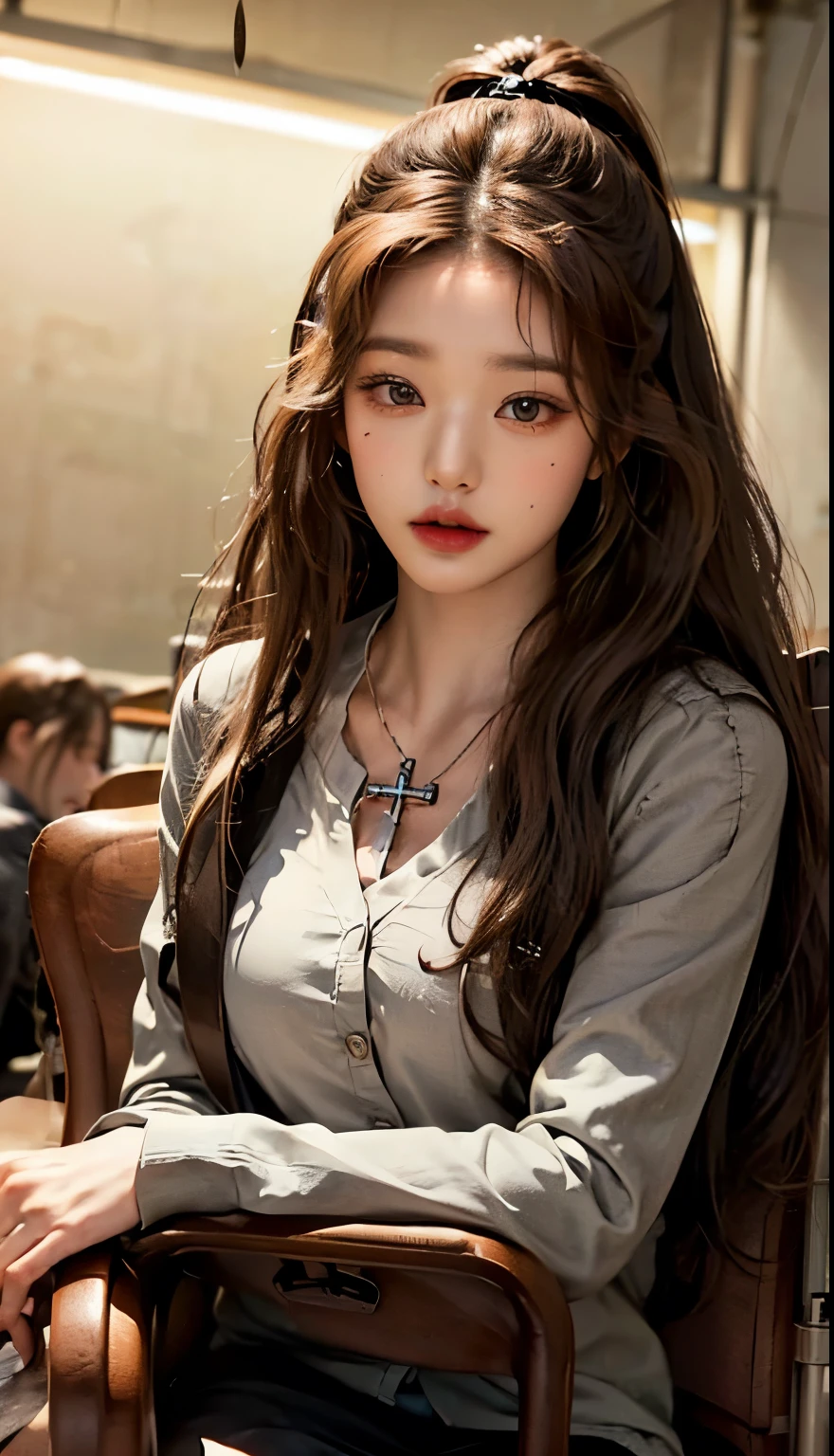 (masterpiece: 1.3), (Maximum resolution: 1.2), (Ultra HD TV: 1.2), Cinema Lights, Ultra HD TV, (Detailed eyes and skin), (Detailed facial features), High resolution, 8k resolution, Sharp focus: 1.2, Perfect Style, Beautiful Face, Accurate, Anatomically correct, Highly detailed face and skin texture, Detailed eyes, Brown eyes, double eyelid, Thin eyebrows, Glitter Eyeliner: 1.2, Natural Cheeks, Glowing Skin, Fair skin: 1.2, Shiny little necklace and earrings, (Glossy Lips: 1.4), break, First Person View, Wearing a high school uniform, (Fascinating face: 1.2), Pure and cute, (High ponytail, Wavy Hair, Gray hair and some colored hair, Diagonal bangs), Medium Long Hair, View from above, (Full Body Shot: 1.2), Focus on the face, ((Very close relationship: 1.2)), (Medium large breasts), (((In the classroom: 1.2)), ((sit cross-legged on a school chair:1.4)), (Look at me)), (From the side:1.2)