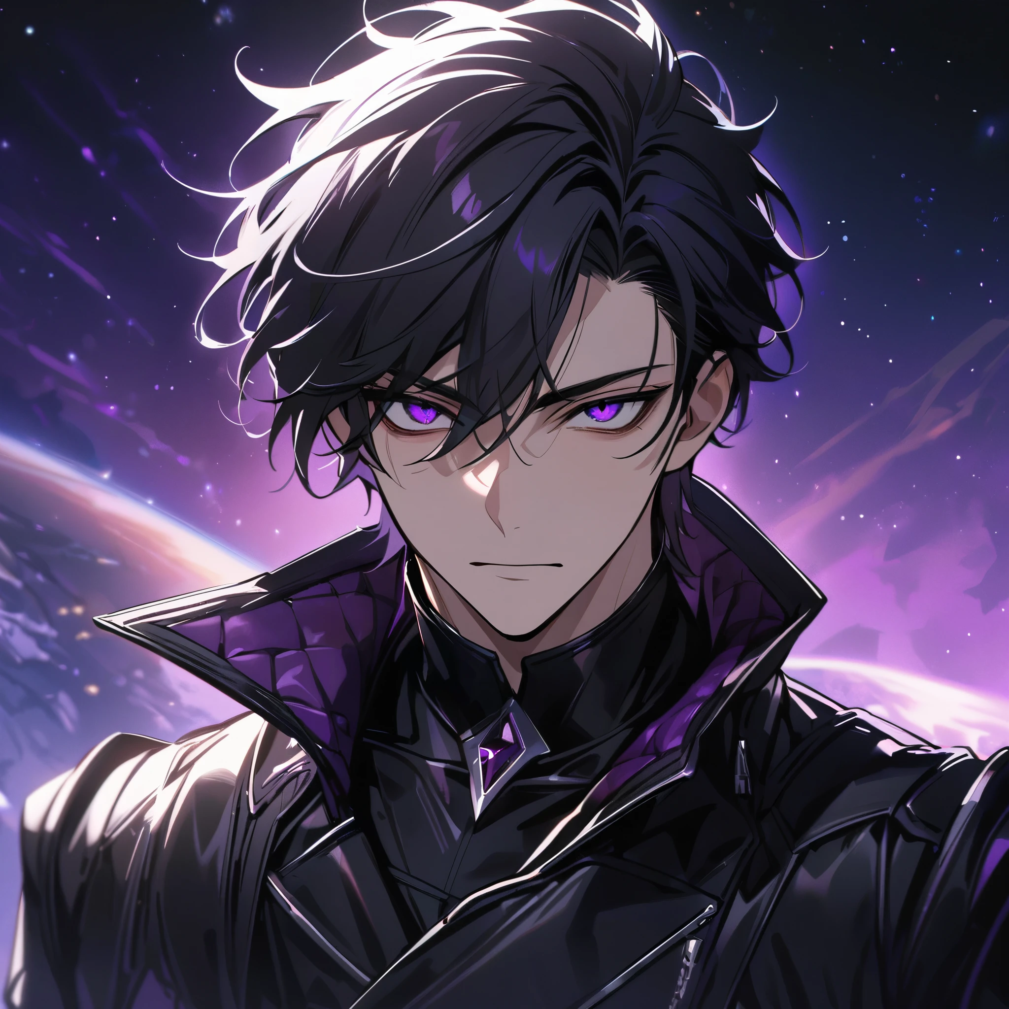 High quality, HD, 4k, no shadows, handsome male, handsome, extremly handsome, 1male, 1 male, teenager, pure black hair, short black hair, dark hair, black hair, jet black hair, sharp eyes, deep purple colored eyes, dark purple colored eyes, deep violet eyes, violet eyes, devil may cry, close up, calm expression, stoic expression, black leather clothes, black leather clothing, leather clothing, lean body, well trained body, upper body, looking at viewer, cowboy shot, white solar, space background