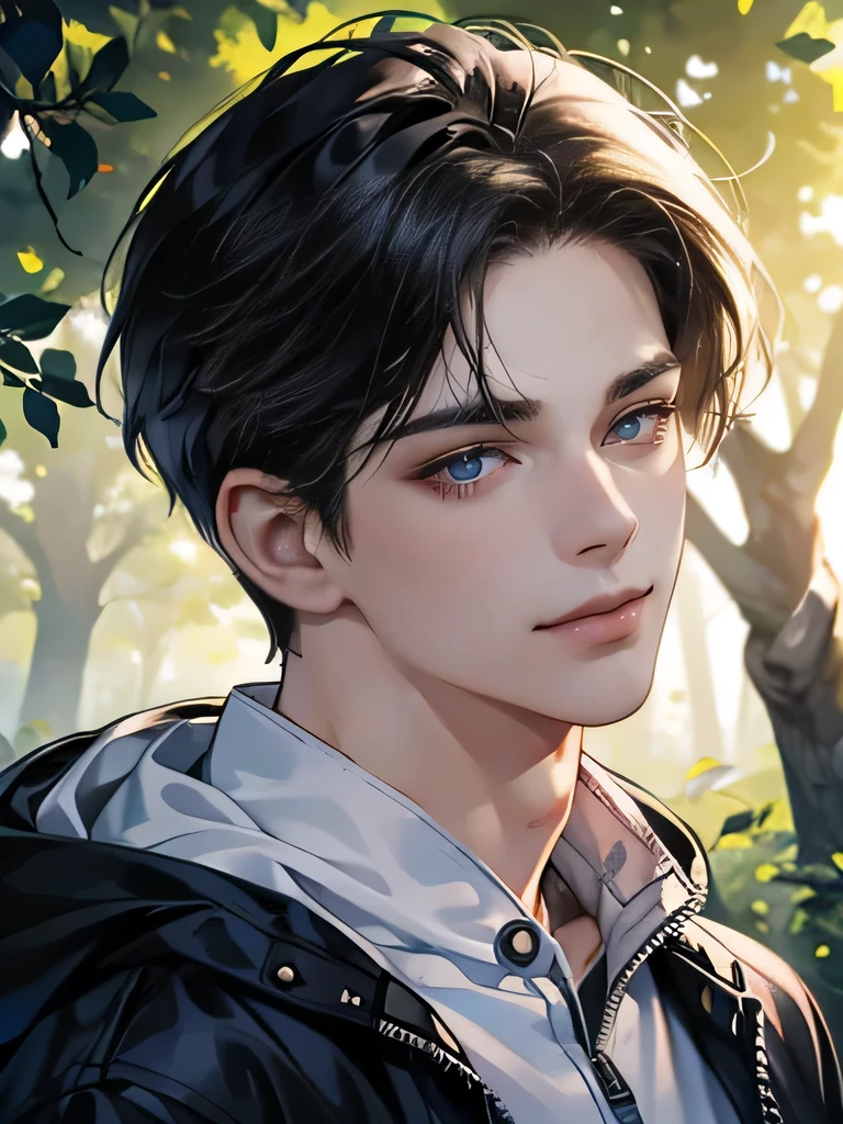 (tmasterpiece, high resolution, ultra - detailed:1.0), (1 boy, young male), eyes looking at camera, perfect male body, delicate eyes and delicate face, extremely detailed CG, 8k wallpaper, complicated details, solo person, detailed face,( jacket, hoodie, windbreaker, smile), outdoor, tree and flower, virgin forest, color difference, depth of field, dramatic shadow, ray tracing, best quality, cinematic lighting, offcial art, portrait
