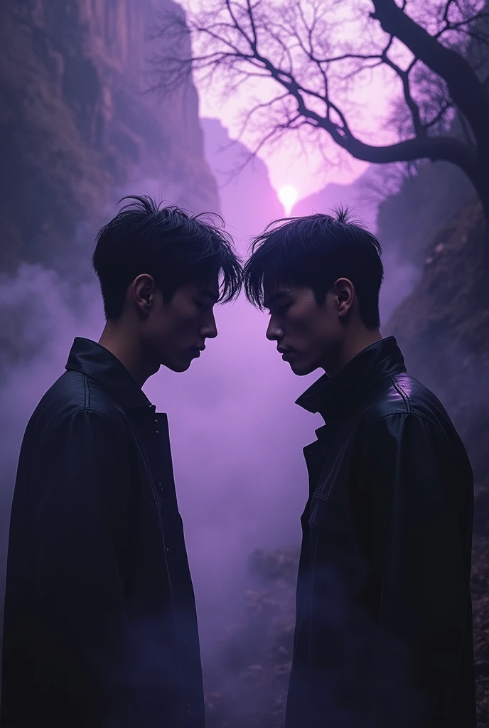 hyper realistic, The best quality, dark dream world, nightmare, 24 year old asian youth fights a clone identical to him but darker and more evil
