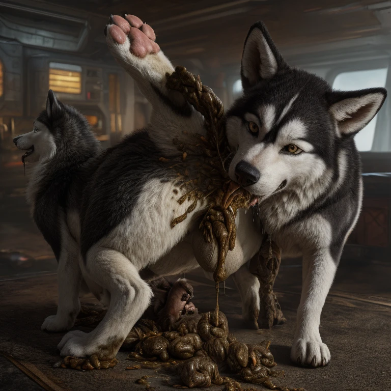 A hyper realistic, ultra detailed image of a husky, fat, (((((feral, husky rimming feces, paws))))), thick thighs, duo, shaded, intricate, realistic, detailed background, (saliva:0.8), panting, drooling, saliva, aroused, ass up, on a klingon star ship, freighter. ((((belly on back, standing leg up, excessive drooling, duo, hyper balls, feral, excessive anal scat, spreading legs, excessive hyper anal feces, husky anal feces rimming))))