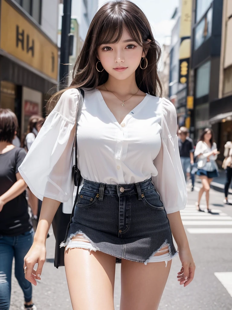 Product quality,1 girl,Cowboy Shot,Front view,(Thigh Emphasis:1.6),(Angle up to the knee:1.5)Young and cute Japanese,20-year-old,smile,Harajuku,(Crowded street:1.4),Snazzy,((White blouse:1.5)),wear,(Snazzyバッグ:1.5),Fashionable necklaces,Stylish earrings,((Ultra short micro mini skirt in black denim:1.5)),wear,No pants,Very cute face,Glossy Lips,Big eyes,Brown eyes,Double eyelids on both eyes,(Natural Makeup),Small and cute nose,shiny smooth light brown long hair,,,,,Asymmetrical bangs,Center image,8k resolution,Attention to detail,Detailed hairstyle,Detailed face,Cinema Lighting,Octane Rendering,Ultra-realistic,Perfect limbs,(Detailed fingers:1.5),Beautiful legs,Voluptuous thighs,Huge breasts,Perfect Anatomy,Bold sexy pose,