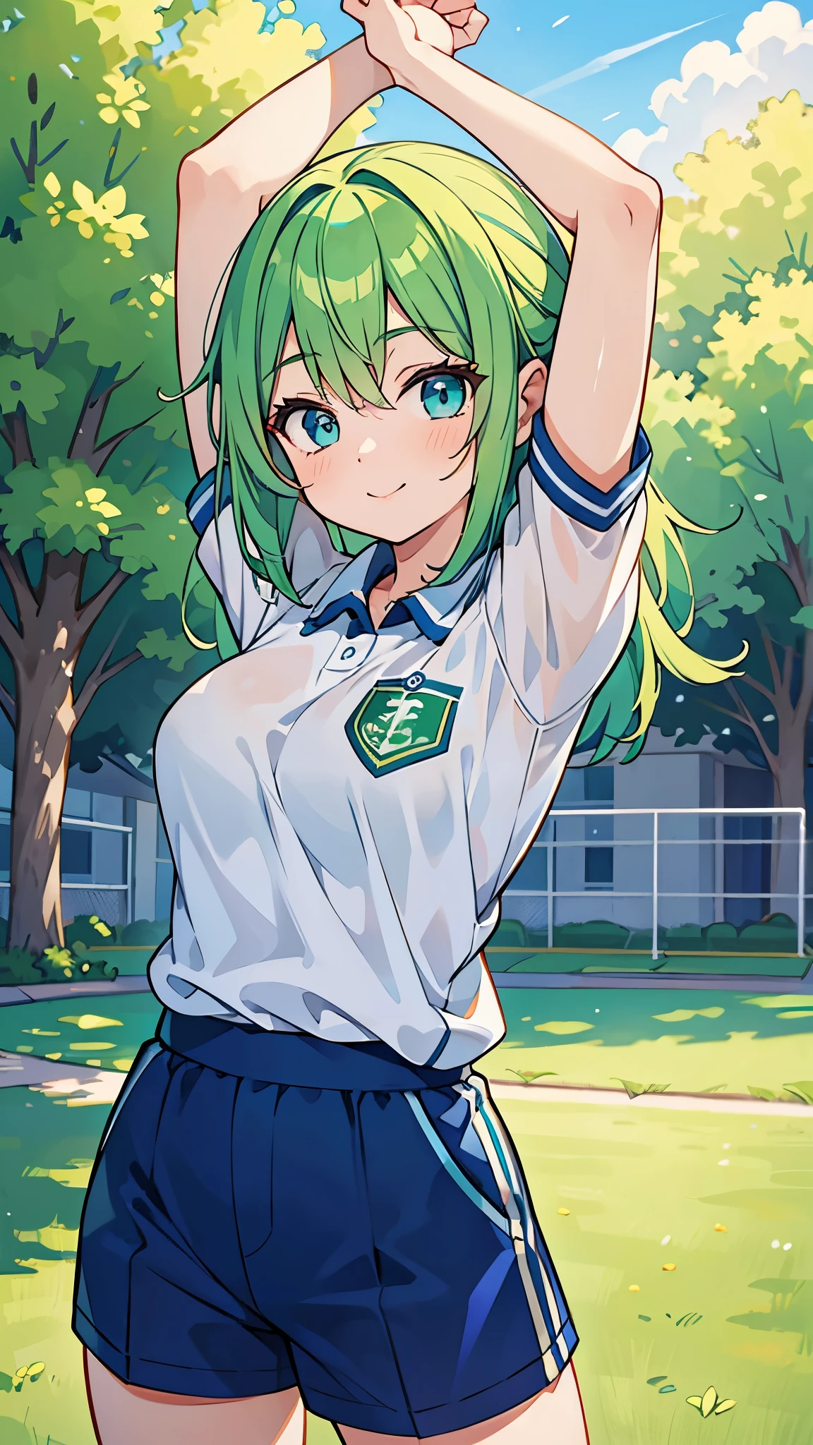 ((A Pretty girl with green hair and blue eyes doing stretching)), ((wearing the sport uniform and short pants)), Baby face, ((top-quality, master piece, ultra-definition, high resolution)), anime girl, ((ultra-detailed illust:1.2)), only one person, bangs, hair between eye, beautiful hair, Beautiful eyes, medium breast, shiny thighs, Big smile, in the schoolyard, outdoor