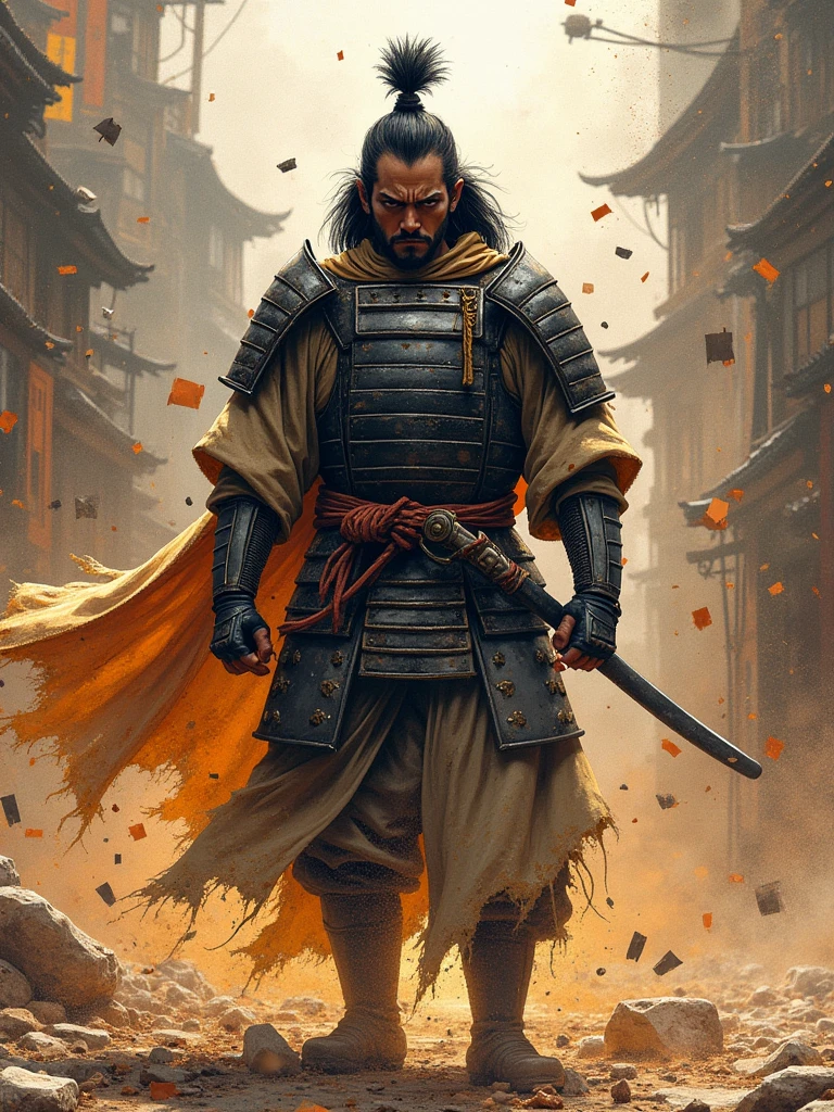 Fait une illustration d’un samouraï couvert de poussières et de débris, il se tient dans une pose héroïque, les yeux plissés de détermination, prêt à relever tous les défis qui se présentent à lui. Costume légèrement déchiré, débris volants autour de lui, angle montrant la ville en arrière-plan. Les éclaboussures de boue et de peinture créent un arrière-plan dynamique et granuleux. Pose d'action dynamique, style aquarelle style d'Alex Ross et Todd McFarlane, Eclairage avec un fort contre-jour, palette de couleurs chaudes arrière-plan abstrait.