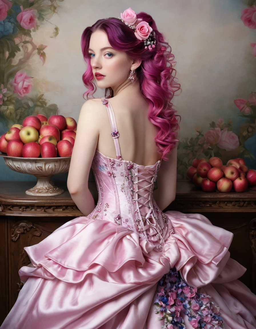 a full body portrait of the back looking over shoulder at us of a white woman with long wavy cerise dark pink colored hair with little dark purple flowers placed all throughout it, she is wearing her hair down her back loose, blue eyes. She is wearing a long light pink fantasy french corset ball gown adorned with bows, ballet slippers on her feet. She is wearing a pearl necklace. red apples, pink roses, In the style of renaissance, and baroque art. summer, spring, hyper detailed 3d 8k facial features rosy cheeks