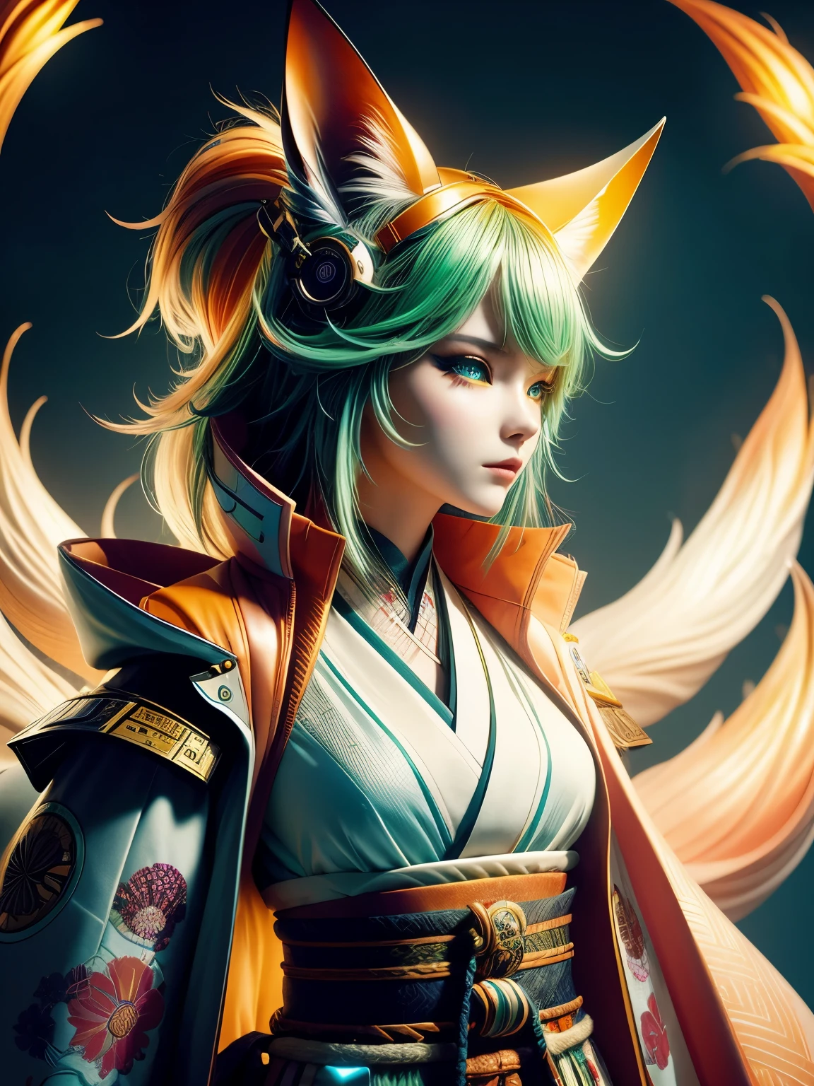 (high quality), (masterpiece), (detailed), 8K, Hyper-realistic portrait of (Japanese kitsune1.3) girl, clad in (futuristic kitsune attire1.2), blending traditional and modern elements. Her (neon-lit hair1.2) flows with an otherworldly glow, while (cybernetic accents1.2) adorn her (kimono-inspired jacket1.2). (Glowing circuitry patterns1.2) dance across her (upper body1.2), as if infused with technology. Her (piercing green eyes1.2) seem to gleam with a hint of digital intensity, inviting the viewer to explore the intersection of tradition and innovation. Shot with Canon EOS 5D Mark IV and Canon EF 85mm f/1.4L IS USM lens, trending on Artstation.