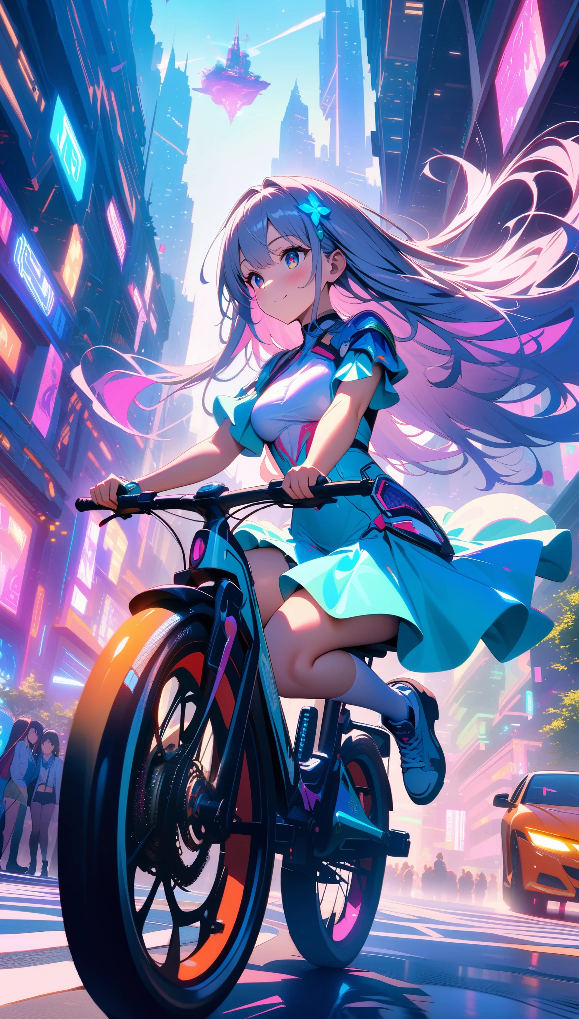 Masterpiece, Best Quality, Super Detailed, High Definition, HDR, Sci-Fi Fantasy, Depth, Fine Texture, Complete concentration, A cute young woman riding a futuristic, glowing bicycle through a vibrant, neon-lit cyberpunk city or a magical forest with floating islands, wearing a stylish and sleek outfit with futuristic or enchanted elements, soft pastel colors, big, sparkling eyes, cheerful expression, flowing hair catching the wind, whimsical or ethereal glow around her, dynamic motion, camera angle capturing her joyful ride, vibrant and vivid colors, ultra-detailed environment, intricate details, volumetric lighting, lens flare, particles, creating a magical and enchanting atmosphere.