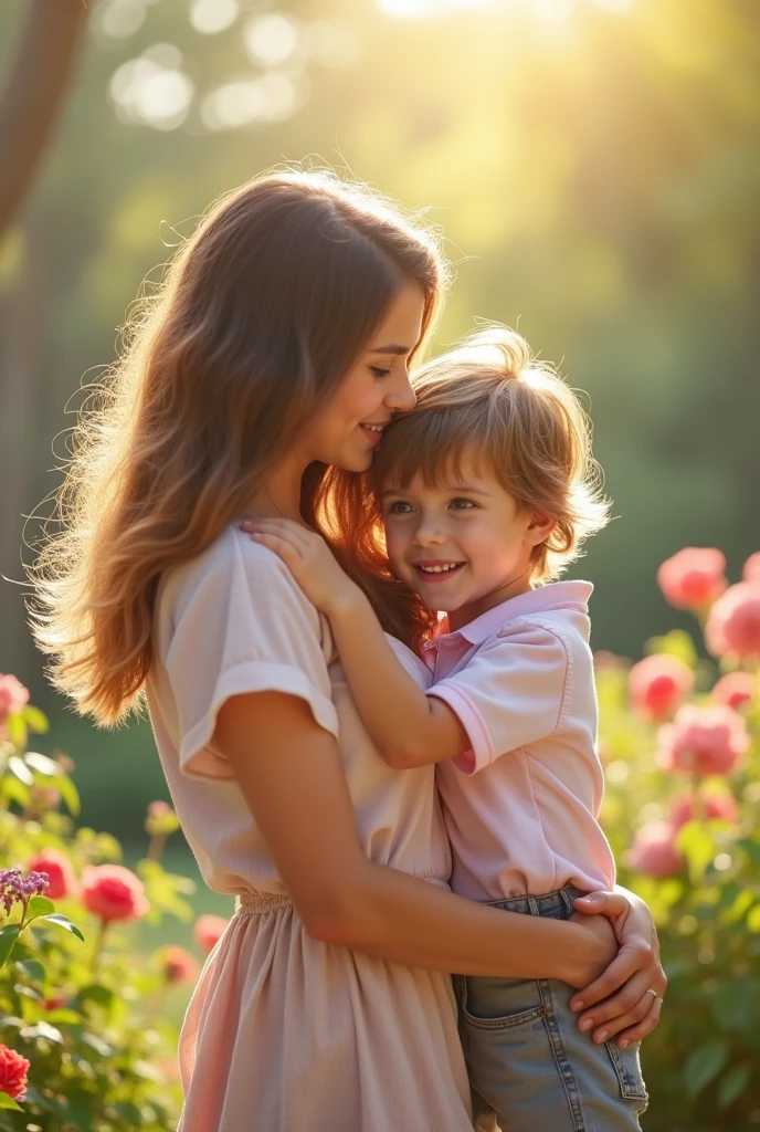  hugging his mother 
