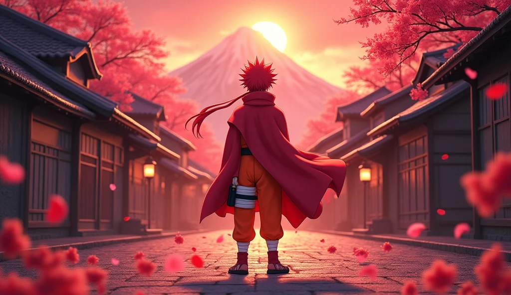 Make a Naruto with the background of his village but red and Naruto has red hair