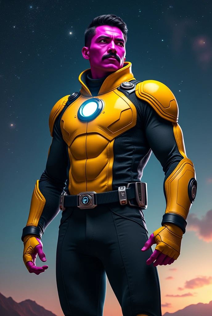 1man, middle-aged, short black hair, slicked-back haircut, black mustache, magenta skin, yellow high-tech uniform with black accents, black pants, yellow boots and forearm wraps, lantern insignia, light aura, space background