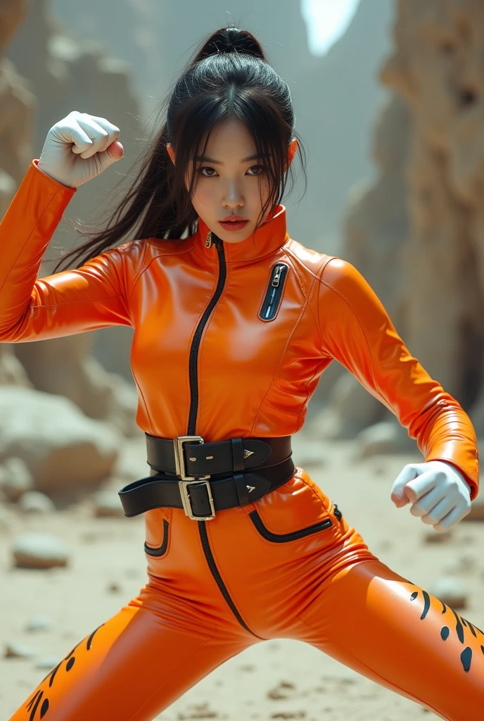 Dynamic Angle、Fighting Pose、Random Pause、16age、、艶orangeスーツを着ている韓国人の美少女アイドル, 、タイトなorange色latexスーツを着ている, 未来的なorangeスーツを着て, 滑らかなorangeタイトな服のスーツ, orangeレオタードを着て, White stitching、White Satin Gloves、Star Wars Agent, Female Stormtrooper, (((Full Body Shot, full body))), The tight-fitting suit, orange、Black futuristic pattern、(The waist design is black leather)、Black belt with metal buckle、、Black full harness:1.5、Waist Harness、Long legs、White boots、The suit has large white detailed zippers.、Get angry、Mouth half open、(((((Cameltoe)))))、Makeup、Glossy Lip Gloss、