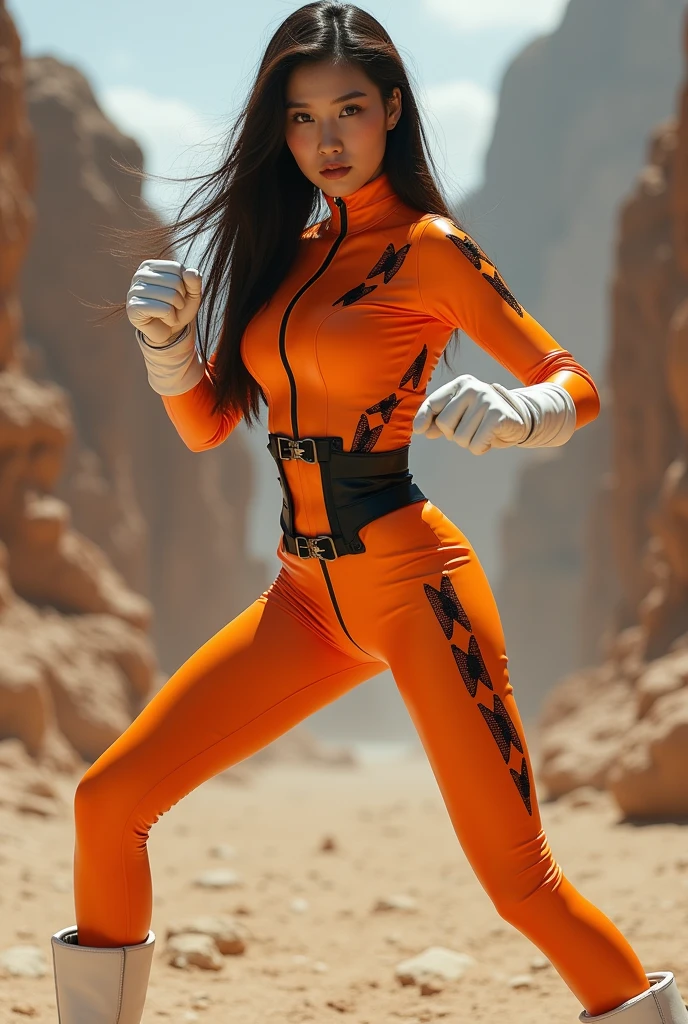 Dynamic Angle、Fighting Pose、Random Pause、16age、、艶orangeスーツを着ている韓国人の美少女アイドル, 、タイトなorange色latexスーツを着ている, 未来的なorangeスーツを着て, 滑らかなorangeタイトな服のスーツ, orangeレオタードを着て, White stitching、White Satin Gloves、Star Wars Agent, Female Stormtrooper, (((Full Body Shot, full body))), The tight-fitting suit, orange、Black futuristic pattern、(The waist design is black leather)、Black belt with metal buckle、、Black full harness:1.5、Waist Harness、Long legs、White boots、The suit has large white detailed zippers.、Get angry、Mouth half open、(((((Cameltoe)))))、Makeup、Glossy Lip Gloss、