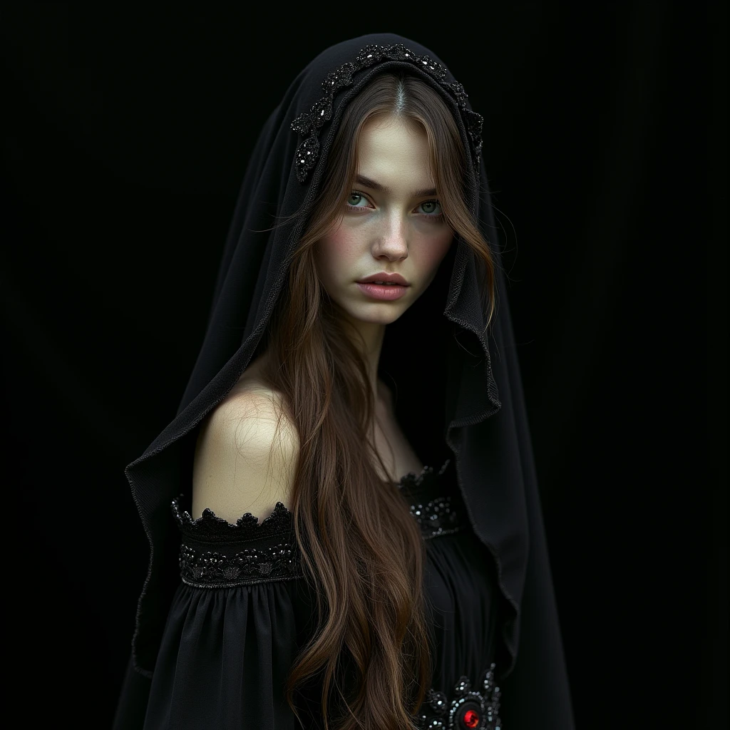 "memories are the water of life" (Misterious mood Soft Lighting Photography), stunning medium format analog photo, TWbabeXL01 beautiful (woman), A beautiful ((evil slavic woman)), pale skin, long light brown hair, over the shoulde wide view, black over black background, highly detailed, detailed realistic photography, masterpiece half-body photo, finely detailed skin, emotional, professional color grading, epiCPhoto, OverallDetailXL analog grain, Fujifilm Astia, low contrast, OverallDetailXL, dark fantasy, photo dress that has the patterns of burning fire, standing in a foggy field, liminal lighting, dslr, detailed quality, face covered by dark veil