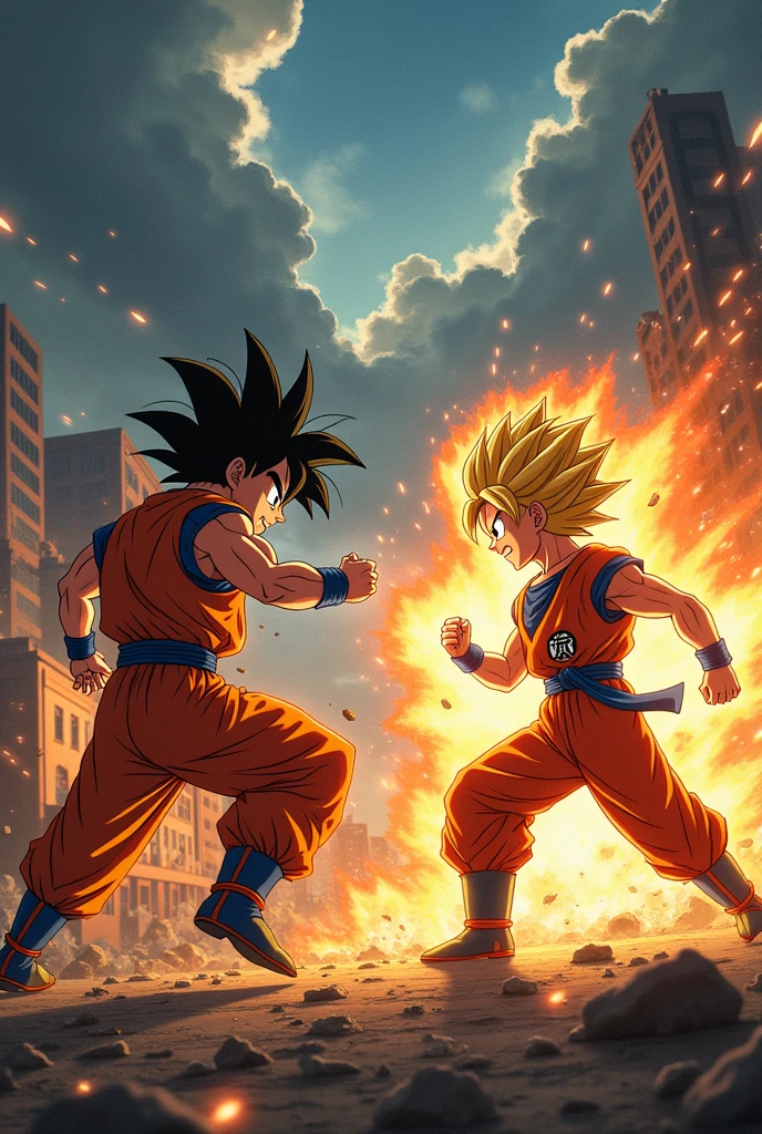 Goku from Dragon Ball fighting against Bakugo from My Hero Academia