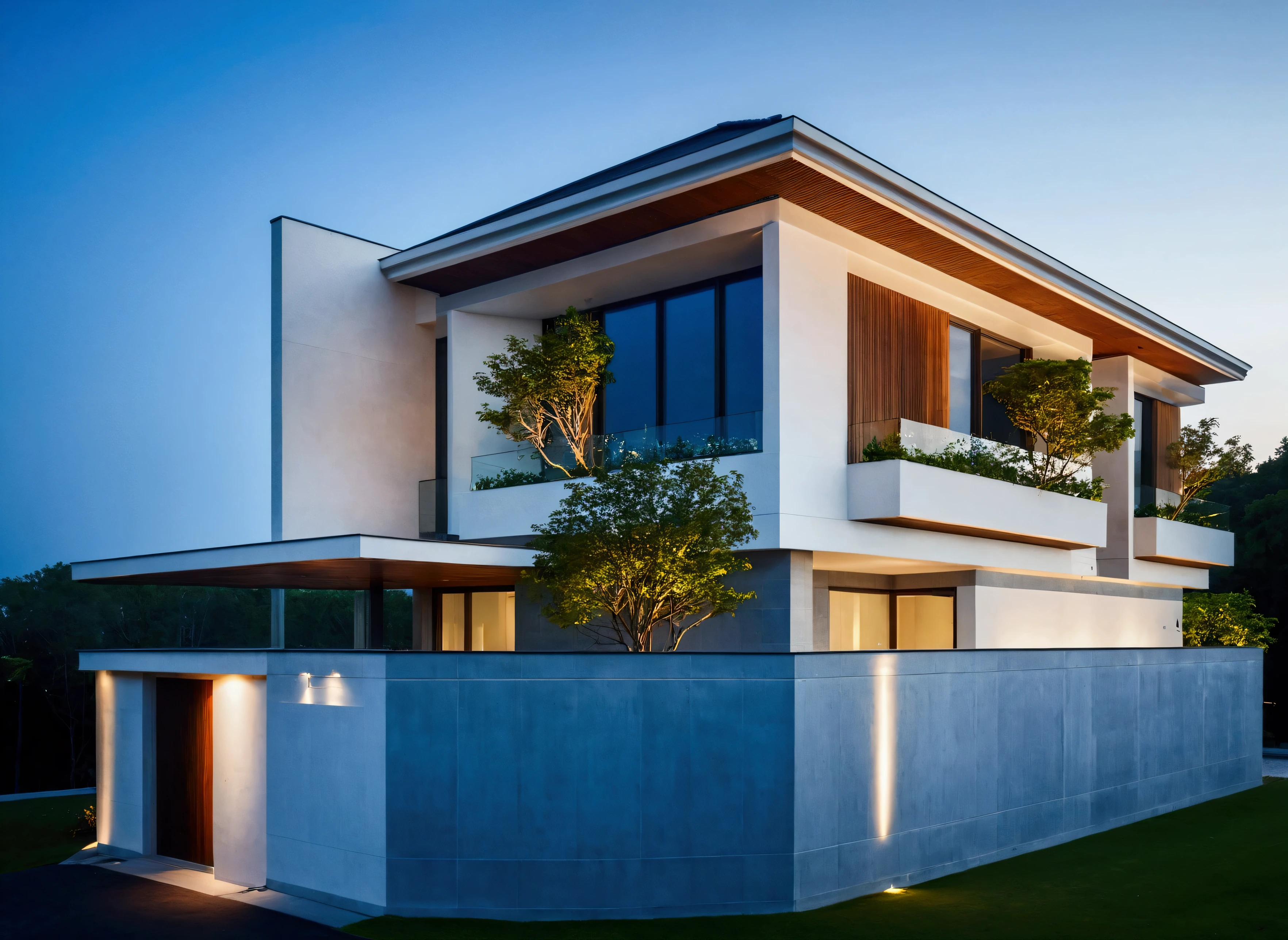 Modern villa, grey tile roof, wood ceiling, white wall on the second floor, grey concrete fence, twighlight, blue clear sky, trees beside, wood, glass, street, landscape