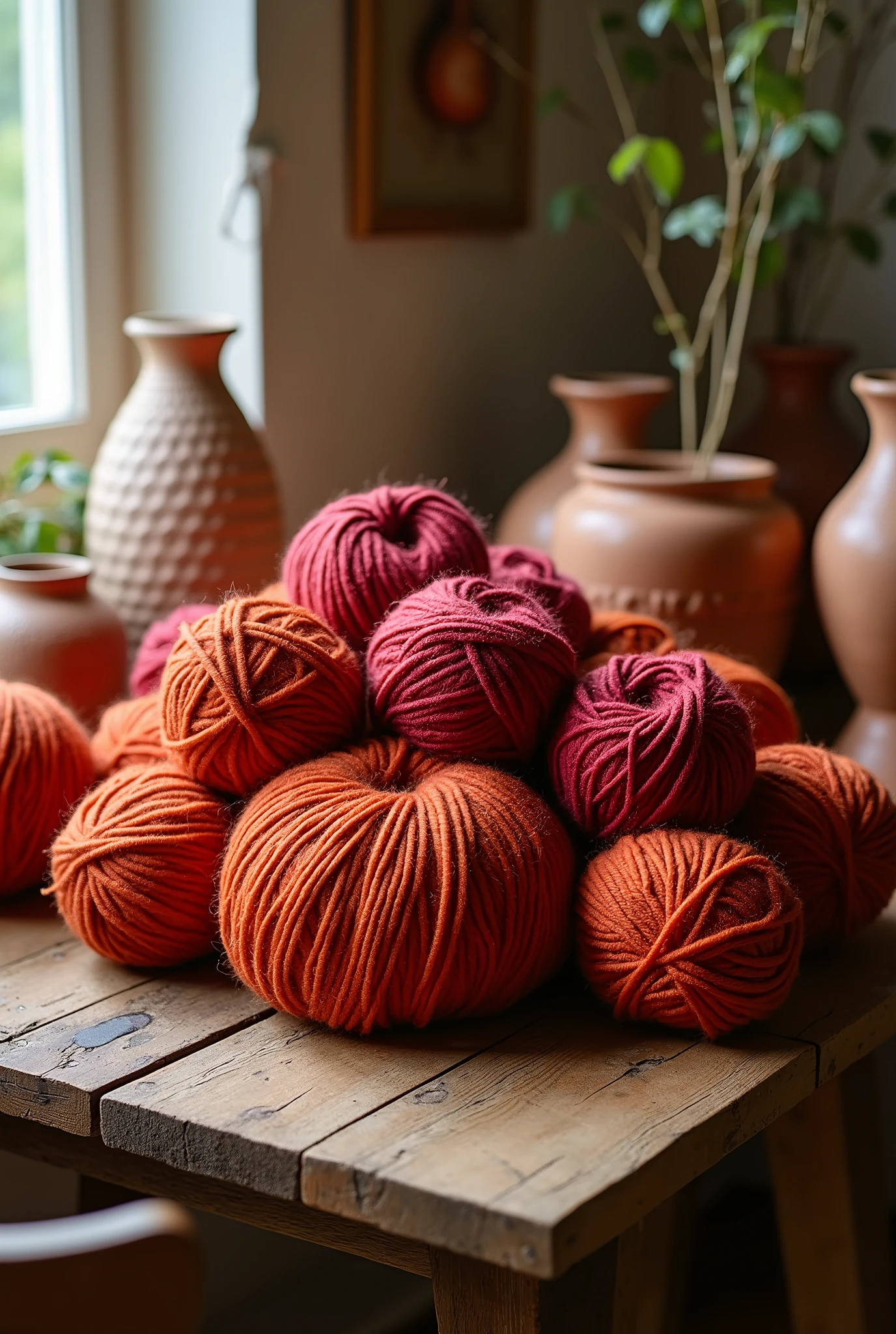 Realistic image of large balls of cotton yarn in liquidambar colors, on a wooden table, all set in a subtle boho style. With clay elements, 